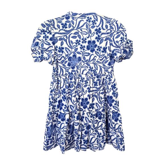 NWOT  Blue Floral Mini Dress Sz L 100% Cotton Tiered Puff Sleeve Prairie Boho - Picture 5 of 8